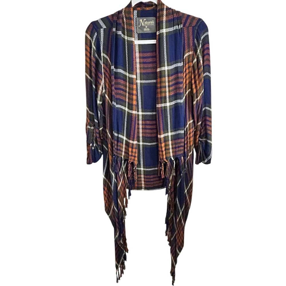 Natural Reflections Plaid Fringe Waterfall Cardigan Womens Size‎ Medium Casual